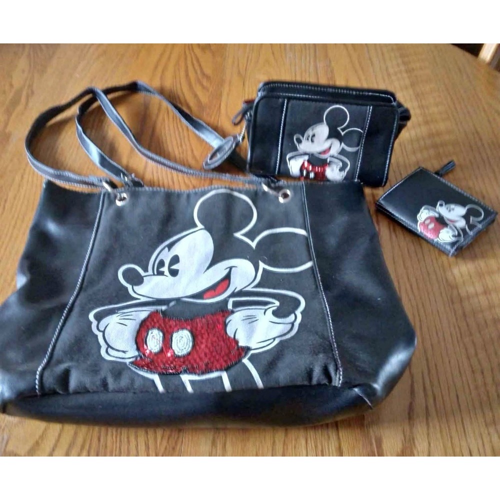 Disney Mickey Mouse Sequined  3 piece set Purse Cosmetic bag & wallet